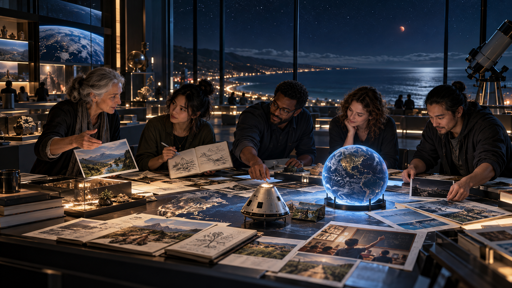 The Witnesses gather around an illuminated table of evidence, bringing their different perspectives to Earth’s case.